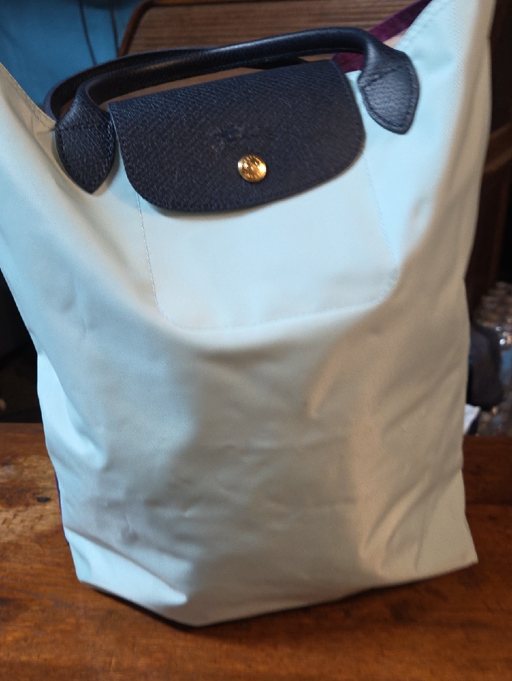Longchamp Light Blue Tote with Dark Navy Trim